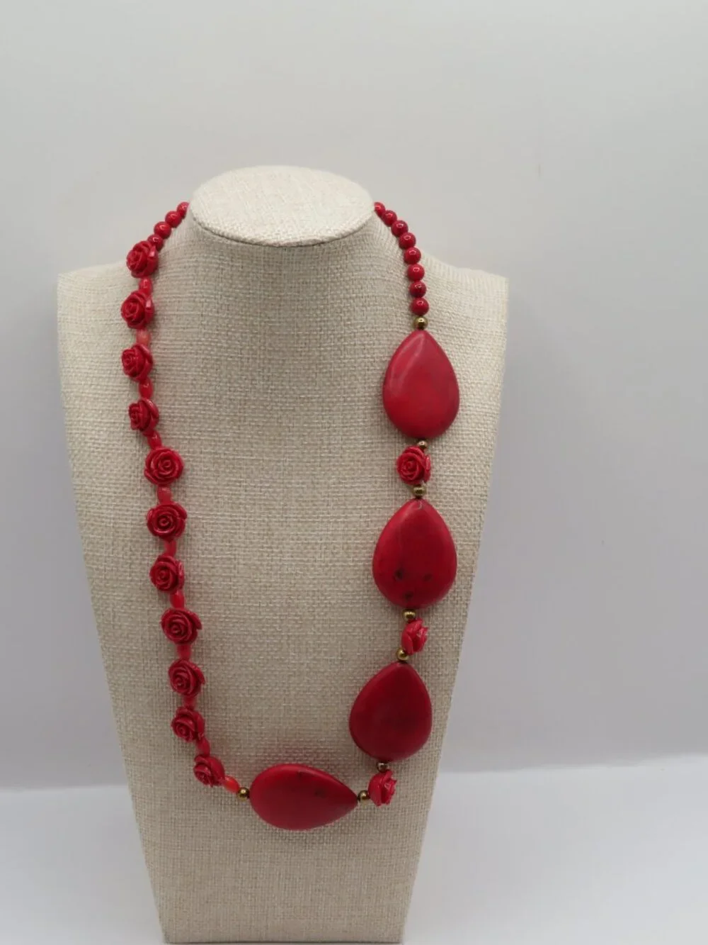 Red Rose and Large Tear Drop Beaded Statement Necklace